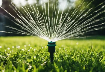 Rolgordijnen Automatic lawn sprinkler watering green grass Sprinkler with automatic system Garden irrigation syst © ArtisticLens