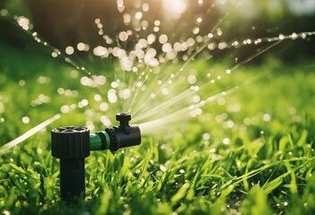 Automatic lawn sprinkler watering green grass Sprinkler with automatic system Garden irrigation syst - obrazy, fototapety, plakaty