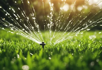 Foto op Plexiglas Automatic lawn sprinkler watering green grass Sprinkler with automatic system Garden irrigation syst © ArtisticLens