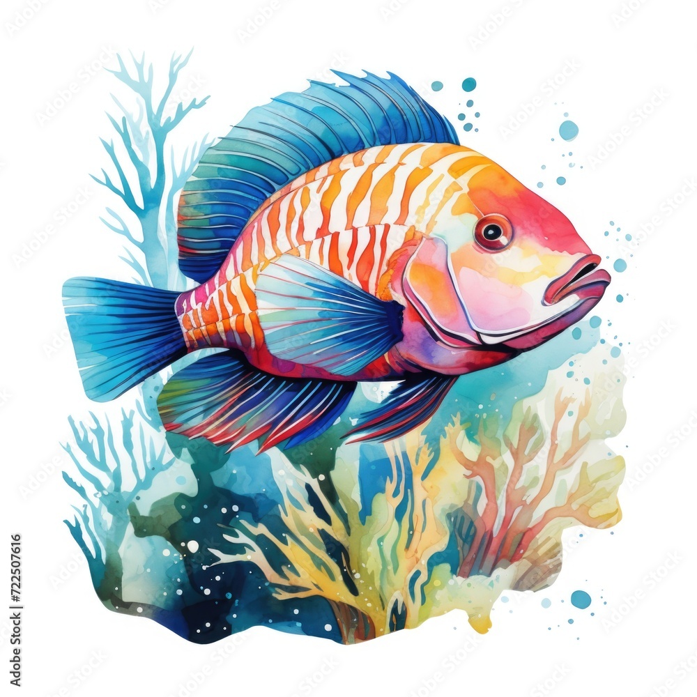 Wall mural Watercolor-Style Marine fish with White Background