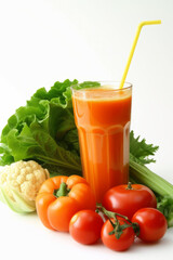 Vegetable juice from green peppers, tomatoes and carrots, vitamin drink.