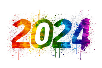 Vector illustration of a "2024" logo in rainbow LGBTQ flag colors, isolated on a white background. Represents LGBTQ gay pride month and history month.
