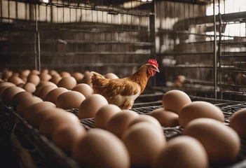 Foto op Aluminium Chicken farm Egg-laying chicken in cages Commercial hens poultry farming Layer hens livestock farm I © ArtisticLens