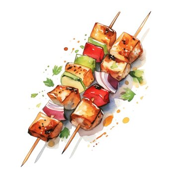 recommend clip art: Watercolor-Style meat and vegetable kebab skewer Illustration with White Background.