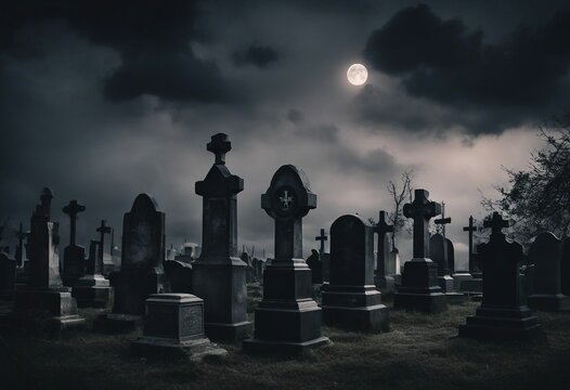 Fototapeta Cemetery or graveyard in the night with dark sky and white clouds Haunted cemetery Spooky and scary