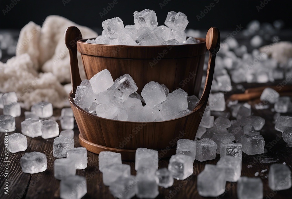 Poster pile of crushed ice cubes in wood bucket on dark background with copy space crushed ice cubes foregr