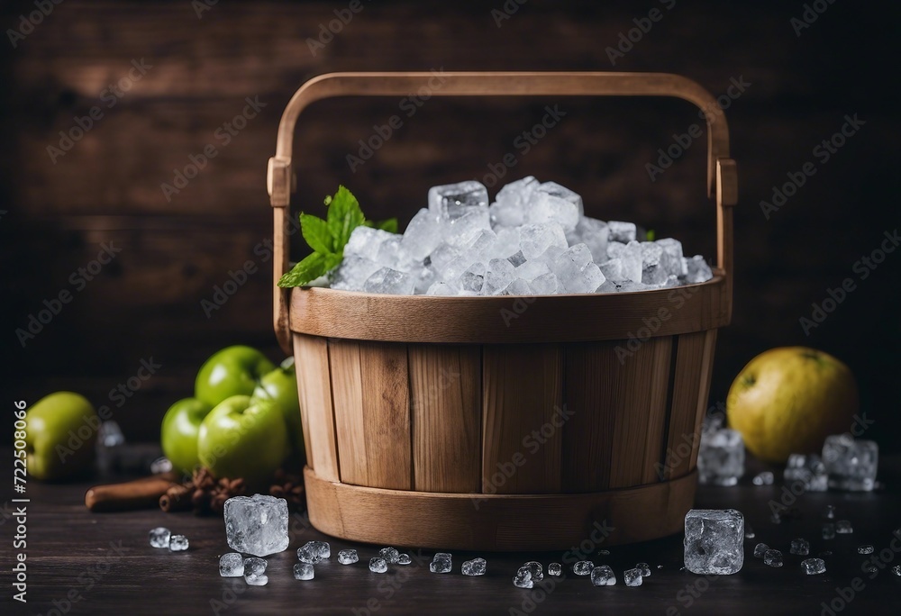 Poster Pile of crushed ice cubes in wood bucket on dark background with copy space Crushed ice cubes foregr