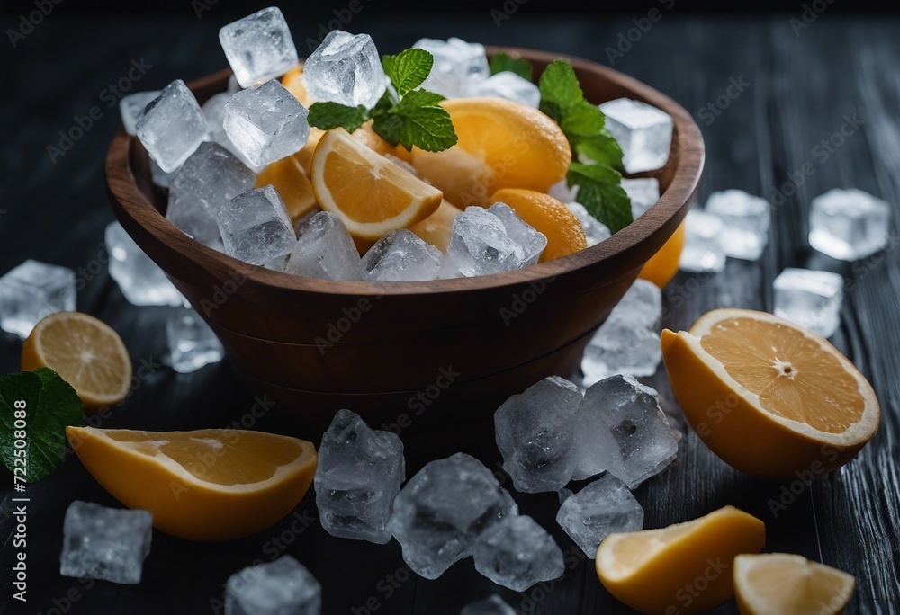 Poster pile of crushed ice cubes in wood bucket on dark background with copy space crushed ice cubes foregr