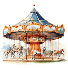 Watercolor-Style old carousel with horses with vintage effect with White Background
