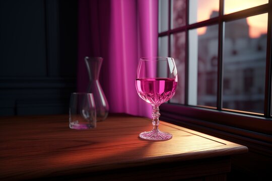 wine glass with pink liquid sits on a wooden table in front of a large window with a sunset view.