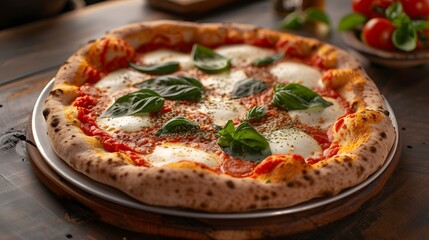 Neapolitan pizza with a blistered, chewy crust, tangy San Marzano tomato sauce, creamy fresh mozzarella, and aromatic basil leaves