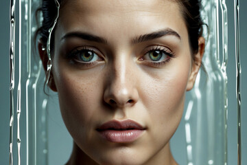 Rostro mujer con piel perfecta rodeado de agua ideal para conceptos de belleza, cosmética, spa