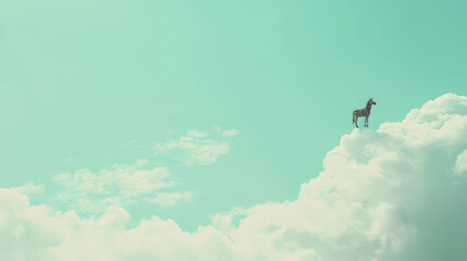 Obraz na płótnie Canvas a giraffe standing on top of a cloud in a blue sky with a green and white color scheme.
