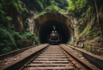 Fototapeta na wymiar Train tunnel Old railway in cave Hope of life in the end of the way Railroad of locomotive train in