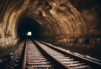 Fototapeta na wymiar Train tunnel Old railway in cave Hope of life in the end of the way Railroad of locomotive train in