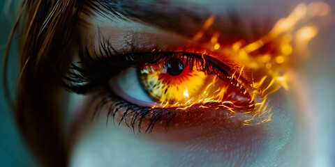 Fire Eye, Macro image of human eye with fire flames, Fire Eye Pupil Illustrations, Macro image of human eye in fire. mixed media
