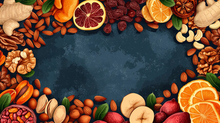 Obraz na płótnie Canvas Dried fruits and nuts, healthy food concept graphic banner with copyspace