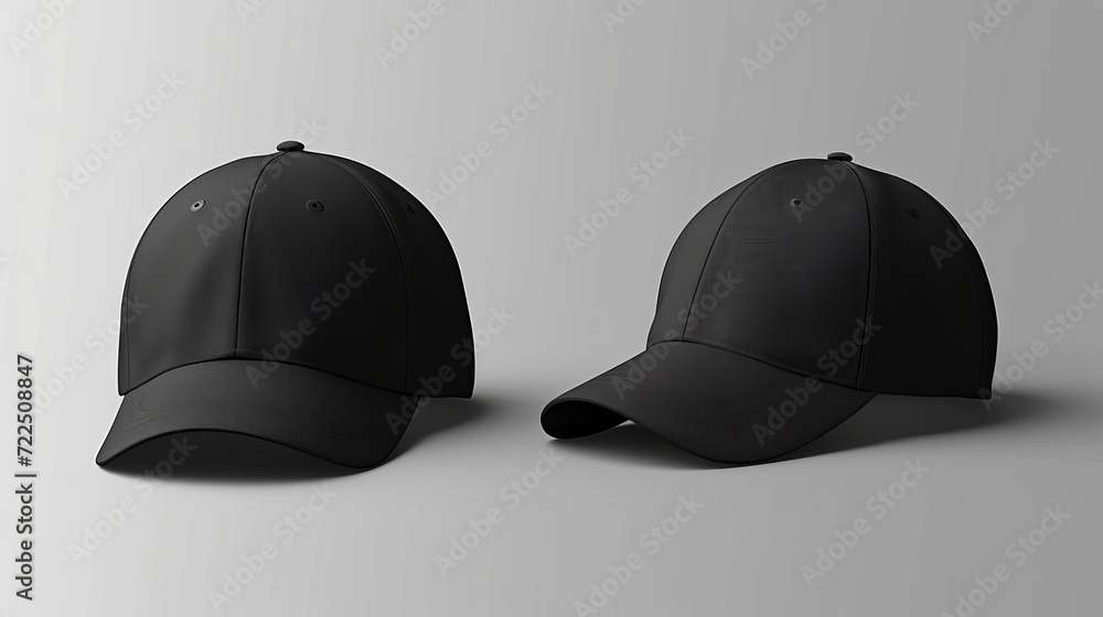 Wall mural Black baseball caps mockup on a grey background, front and back side