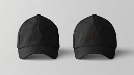 Black baseball caps mockup on a grey background, front and back side - obrazy, fototapety, plakaty