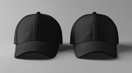 Black baseball caps mockup on a grey background, front and back side