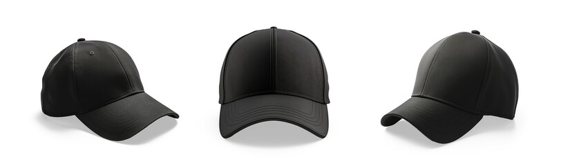 Black baseball cap in different angles views with shadow. Mockup baseball cap 
