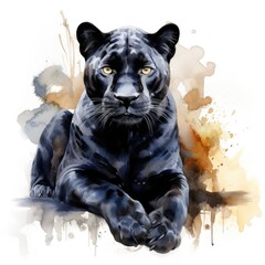 Watercolor-Style sitting black panther with White Background