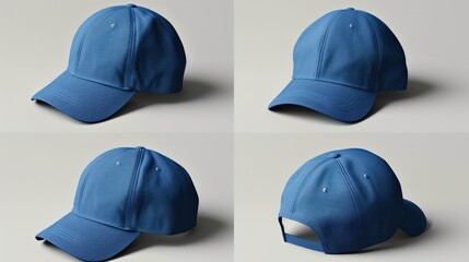 Blue baseball cap in four different angles views. Mock up