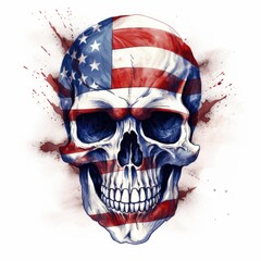 Watercolor-Style skull with American flag with White Background