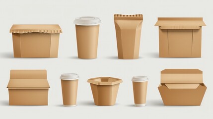 Brown paper lunch vector food craft box package vector mockup. Blank realistic isolated pack for take away breakfast or snack icon. Empty folded kraft grocery product container illustration set - obrazy, fototapety, plakaty