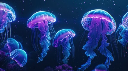  a group of jellyfish floating in the ocean with blue and pink lights on their heads and body and head.