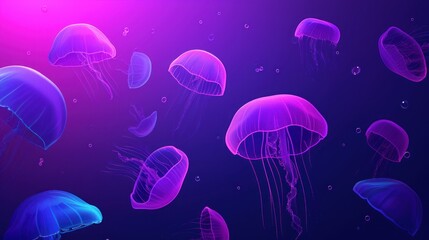 Fototapeta premium a group of jellyfish floating in the ocean on a purple and blue background with pink and blue hues.