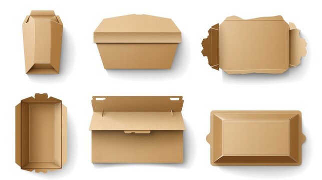 Brown Paper Lunch Vector Food Craft Box Package Vector Mockup. Blank Realistic Isolated Pack For Take Away Breakfast Or Snack Icon. Empty Folded Kraft Grocery Product Container Illustration Set