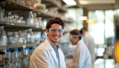 Junger Mann mit Schutzbrille und weißem Kittel im Labor (KI-/AI-generiert)