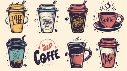 Coffee to go emblems set. Take away coffee labels. Hand made typography for cafe advertising prints posters t-shirt design. Vector vintage illustration