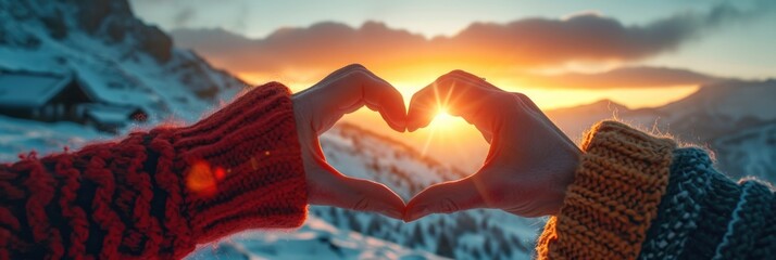 Woman making heart with hands outdoors at sunset, close up. Winter vacation