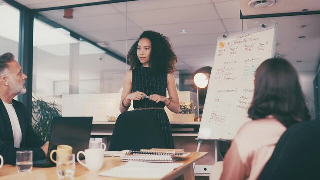 Business woman, manager and whiteboard presentation for sales strategy, planning ideas and profit or revenue analysis. Professional people and team leader brainstorming, proposal meeting and solution