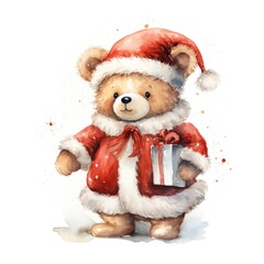 Watercolor-Style watercolor teddy bear in santa costume with White Background
