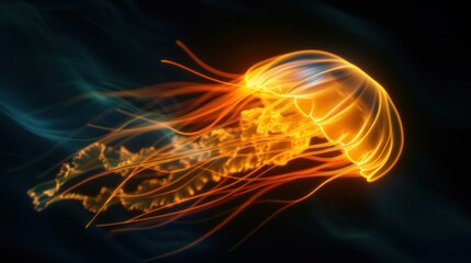  a close up of a jellyfish in the water with a lot of light coming out of it's tentacles.