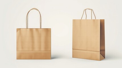Craft brown paper bag and handle vector mockup. Shopping package mock up to carry food front view icon merchandising design collection. 3d retail reusable branding merchandise illustration
