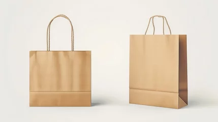 Foto op Aluminium Craft brown paper bag and handle vector mockup. Shopping package mock up to carry food front view icon merchandising design collection. 3d retail reusable branding merchandise illustration © Orxan