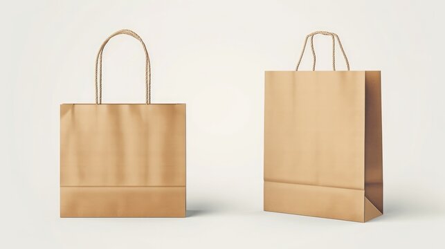 Craft brown paper bag and handle vector mockup. Shopping package mock up to carry food front view icon merchandising design collection. 3d retail reusable branding merchandise illustration