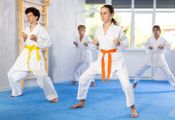 Group of boys and girls in kimonos train karate techniques in studio