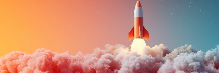 Rocket takes off on an orange background