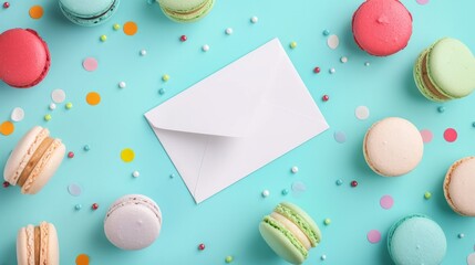 Flat lay composition with empty letterhead, envelopes and multicolored macaroons on light turquoise background.Sweet greeting card.Invitation
