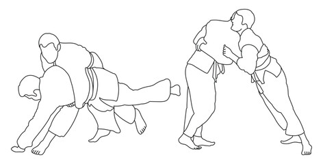 Line  sketch of sportive judoka fighter. Judoist, judoka, athlete, duel, fight, judo, isolated vector