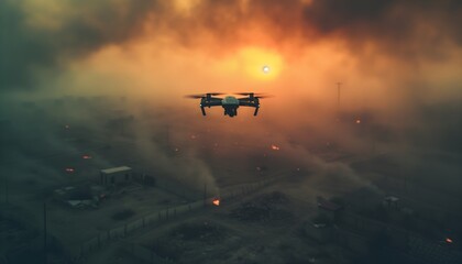 Drohne über einem Gebiet bei einer Naturkatastrophe (KI-/AI-generiert) - obrazy, fototapety, plakaty