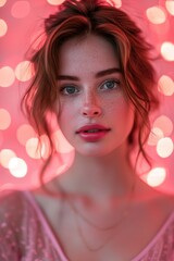 Obraz na płótnie Canvas Young Woman Amidst Sparkling Pink background