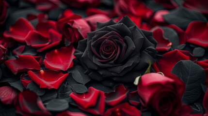Graphic banner of red rose on black background