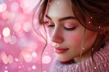 Young Woman Amidst Sparkling Pink background