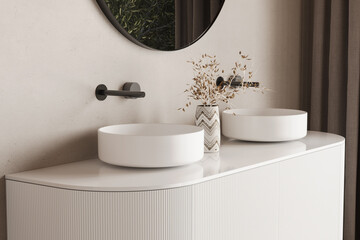 Close up of double sink with oval mirror standing in on beige wall , wooden vanity with black...